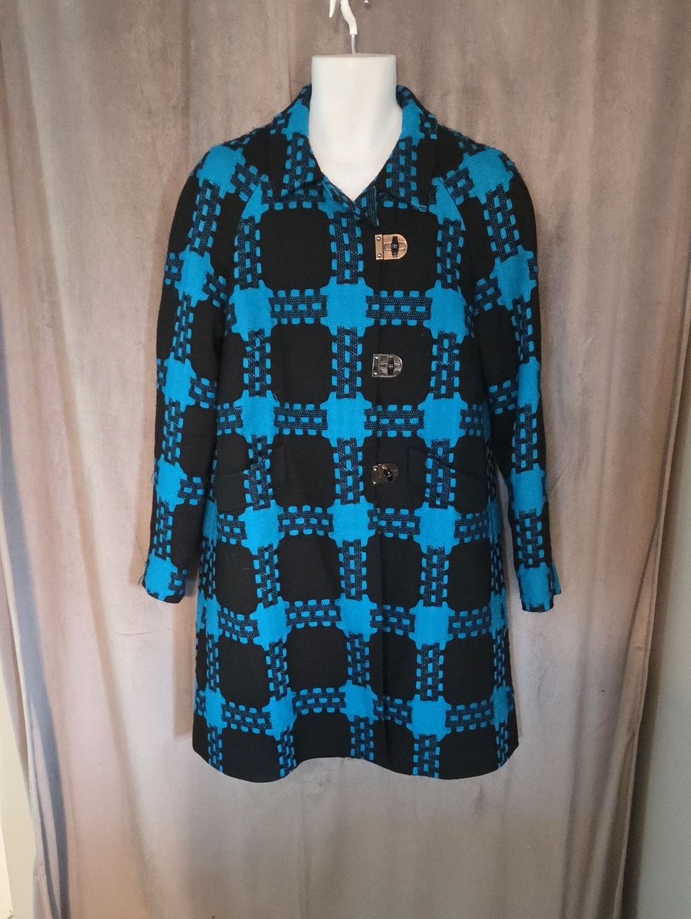 Perse Size 12 Black and Bright Blue Checked Wool Pea Coat